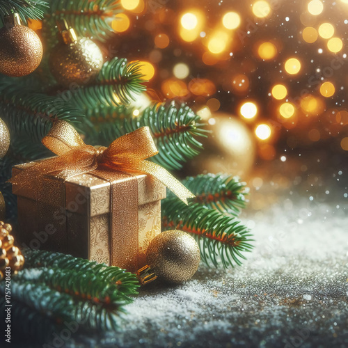 Green Christmas tree branches with shiny toys, gifts under the tree.