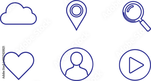 Illustration of various icons isolated on white background includes cloud, location pin, magnifying glass, heart, person, and play button in a simple line art style