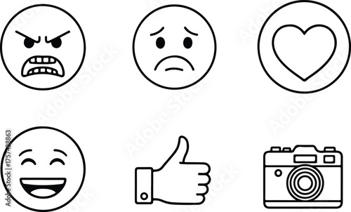 Illustration of different emotions and objects isolated on white background includes anger, sadness, love, happiness, thumbs up, and a camera in a simple line art style