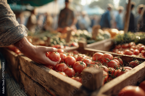 Hand wählt frische Tomaten auf dem Wochenmarkt, gesunde Ernährung