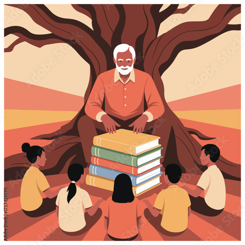 Flat geometric vector for National Mentoring Day featuring mentor support, digital guidance, paper planes, puzzle link, superhero theme & knowledge sharing