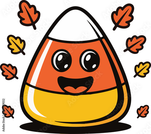 A delightful cartoon candy corn character surrounded by autumn leaves, radiating a cheerful halloween spirit on a vibrant orange background, perfect for seasonal greetings and designs