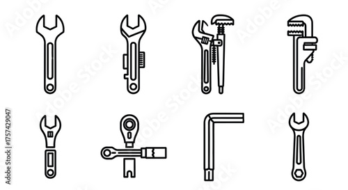 Set of different types of wrench isolated on white background, line drawing