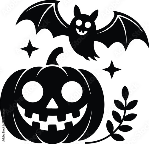 A whimsical halloween illustration featuring a smiling pumpkin, a friendly bat, and sparkling stars isolated on white background