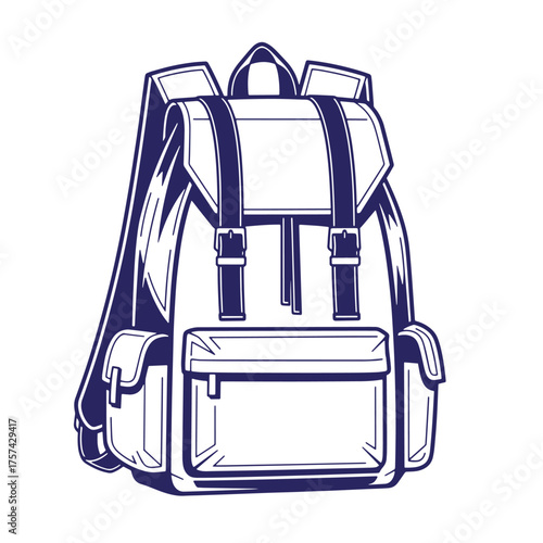 Stylish vector illustration of a backpack with straps, buckles, and pockets isolated