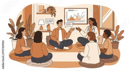Group therapy session illustration focusing on improving mental well-being of individuals