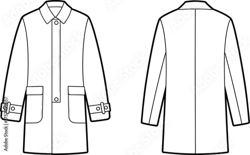 Long coat flat sketch, concealed button placket design, patch flap pockets, straight silhouette, men’s outerwear fashion, cad drawing vector illustration