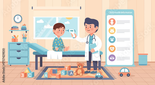 Warm care: Doctor measuring temperature of a child in a playful medical office