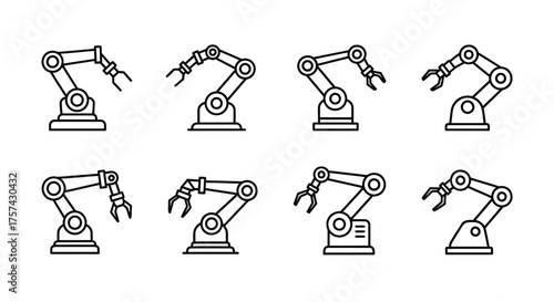 Set of robotic arm icons isolated on white background for automation industry
