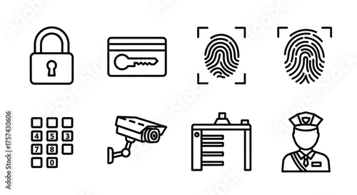 Set of linear icons representing security and protection isolated on white background