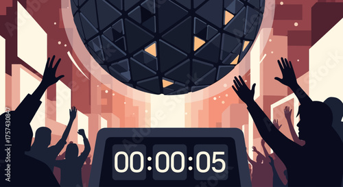A compelling flat design illustrates the final moments of the New Year's Eve countdown in Times Square, highlighting the descending ball and a prominent countdown clock. 
