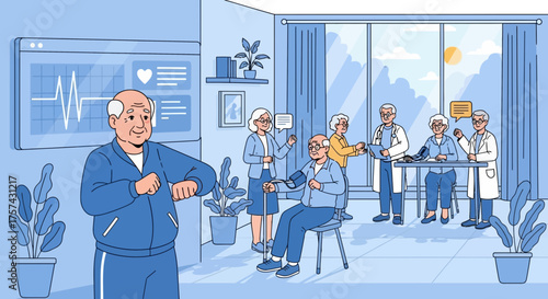 Elderly healthcare illustration showcasing exercise, check-ups and modern technology