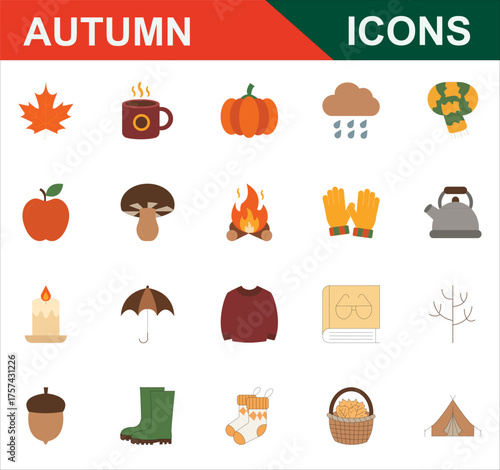 Autumn and Fall Flat Icons Set Cozy Season Vector Collection. Pumpkin, Maple Leaf, Hot Drink, Sweater, Boots, Scarf. Modern, Simple, Colorful Symbols and Pictograms.
