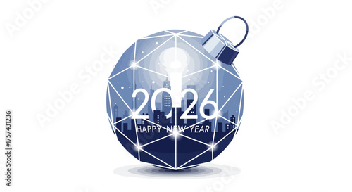 This elegant flat design presents a stylized, close-up view of the New Year's Eve ball, showcasing its iconic facets and a subtle reflection of Times Square.