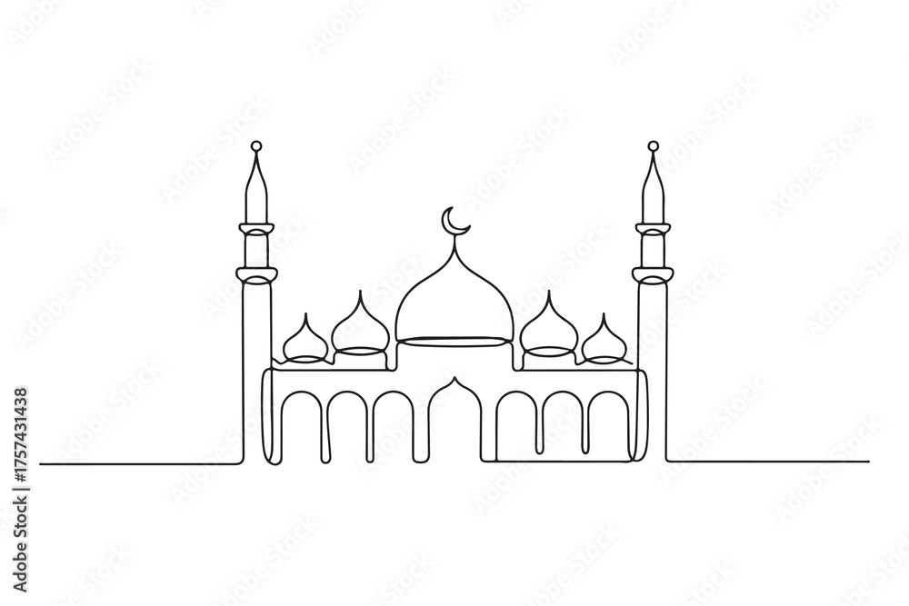Fototapeta premium Continuous one line drawing of mosque with dome and minarets, simple islamic architecture illustration