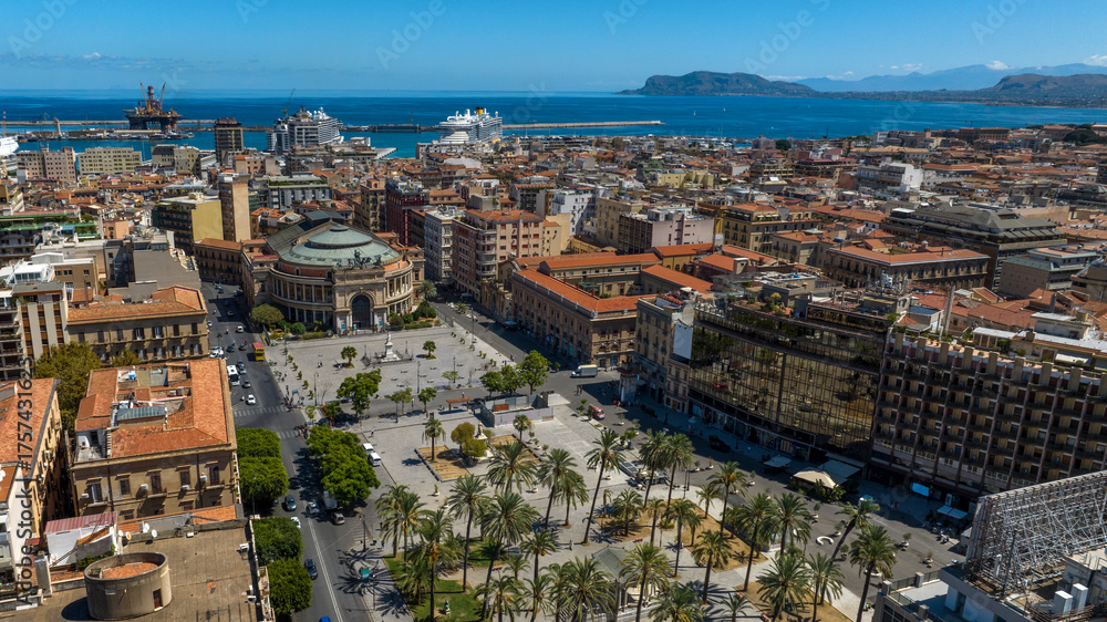 Fototapeta premium Aerial view of Politeama Theatre, complete name Teatro Politeama Garibaldi. It is a theatre of Palermo, Sicliy, Italy. It is located in the central Piazza Ruggero Settimo, historic center of the city.