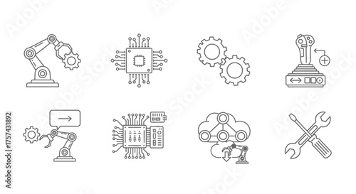 Set of automation and industry icons isolated on white background in outline style
