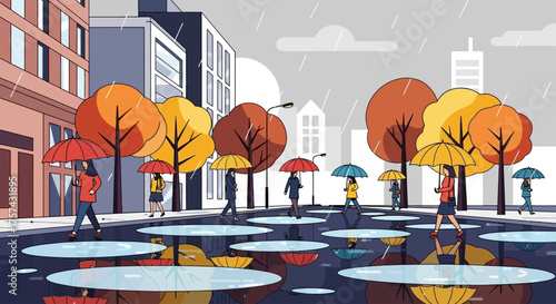 People with colorful umbrellas walking down a city street on a rainy autumn day with many puddles on the ground.