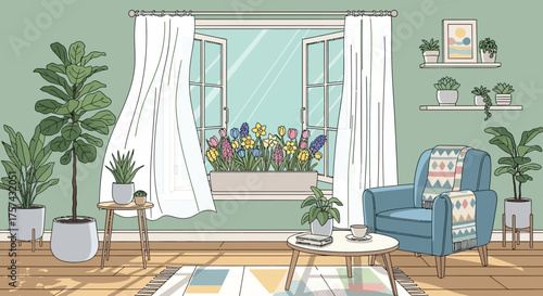 A cozy living room with a large window overlooking a flower box, featuring a blue armchair and potted plants.