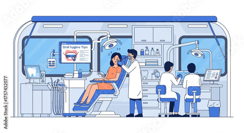 Mobile dental clinic interior showcasing patient care and advanced technologies