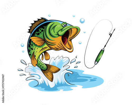   fish in the sea with a fishing hook and net illustration for a funny marine design showing animal swimming in the water