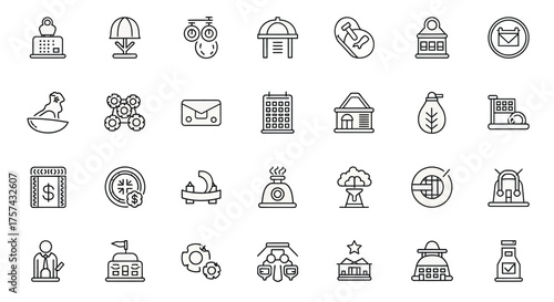 City infrastructure icons, urban landscape and architecture isolated on white background