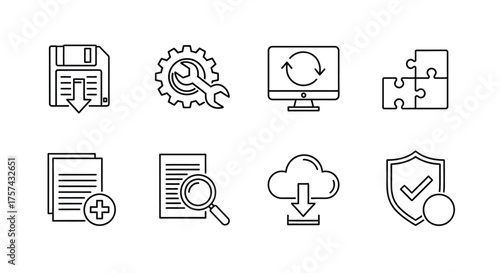 Outline icons set related to software installation isolated on white background