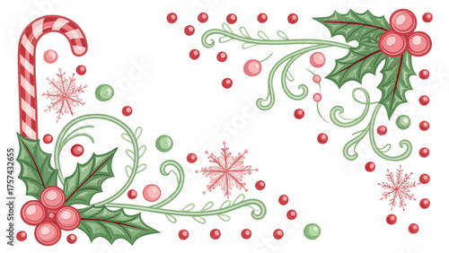 Christmas Corner Elements with Candy Cane and Snowflakes