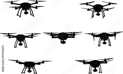 Drone silhouettes, quadcopters, hexacopters, aerial photography, surveillance drones, flying machines, black icons, isolated, vector set, unmanned aircraft, technology, aviation, remote control
