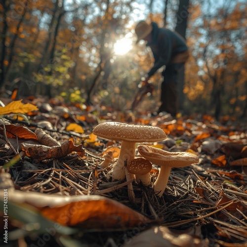 Champignons et cueilleur en second plan.