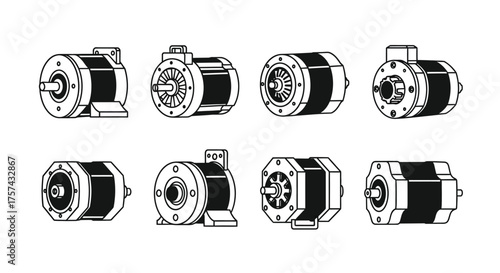 Collection of detailed industrial electric motor drawings set for engineering applications vector