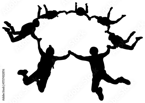 Silhouette of a group of skydivers building a formation in the sky. Skydiving vector illustration, isolated on white background