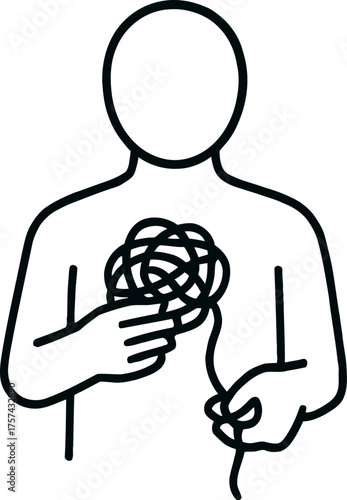 Person untangling a complex knot of string representing emotional management