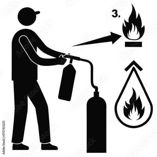 Fire safety instruction sign with extinguisher and flame pictogram illustration
