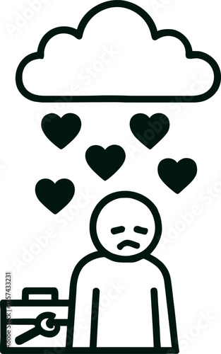Digital cloud raining hearts on sad figure restoring lost love banner advertisement