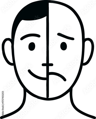 Expressive face divided showing duality of happy and sad emotions
