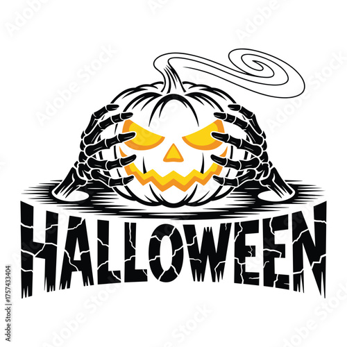 Wallpaper Mural Spooky Halloween pumpkin with skeleton hands and cracked text on white background Keywords: halloween, pumpkin, jack-o-lantern, spooky, scary, creepy, skeleton, hands, bones, haunted, night Torontodigital.ca
