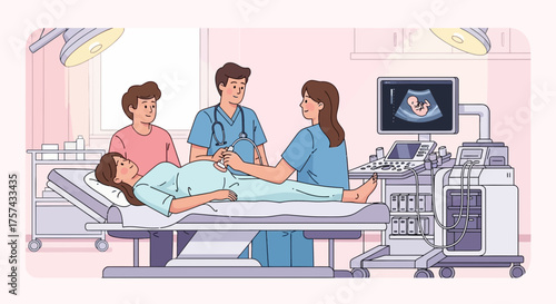 Expectant mother undergoing ultrasound scan in clinic with supportive partner and doctor