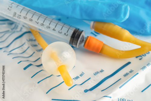 Foley catheter and urine drainage bag collect urine for disability or patient in hospital.