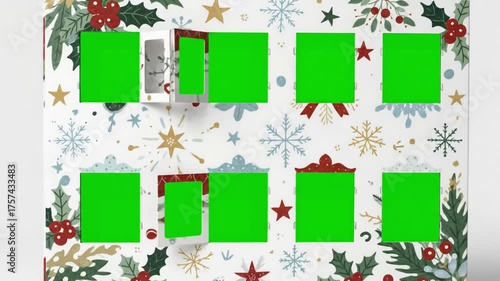 Holiday Animation with christmas advent calendar window reveals to green screen 24 illustrated windows animate open chroma distortion, overlay, glitch, static noise, scan lines on black background, 4k