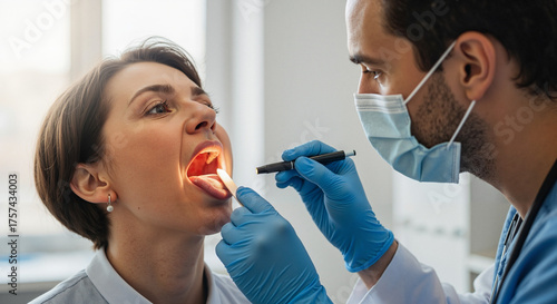 ENT doctor examining patient's throat using a tongue depressor and penlight  
