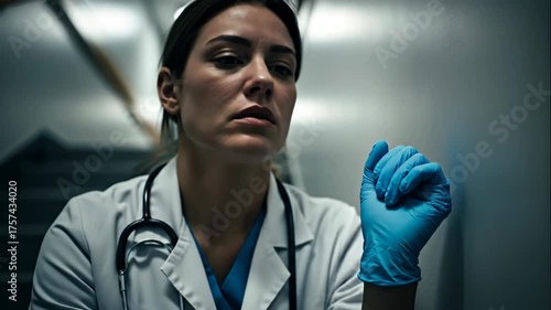 Depressed woman healthcare worker, a medical professional in uniform, looking exhausted in a hospital corridor, feeling burnt out, footage.