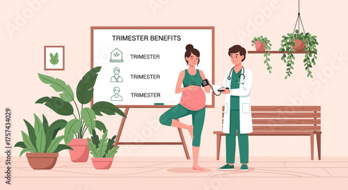 Prenatal care illustration emphasizing trimester benefits and maternal wellbeing in a clinic