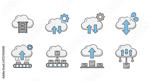 Cloud computing technology icons set with data transfer upload download and storage vector