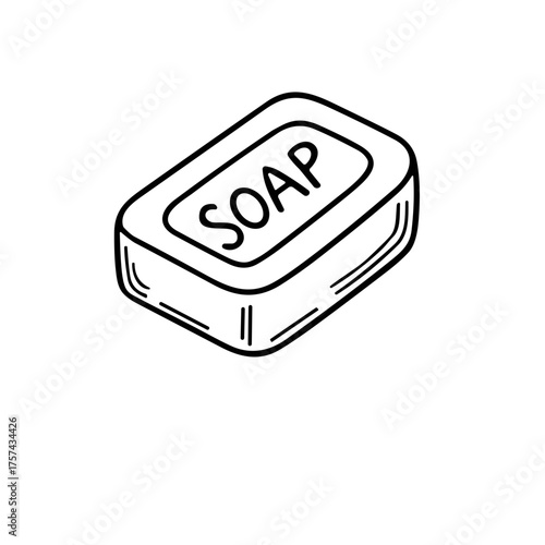 bar of soap with the word 'SOAP' on it, black and white vector illustration on transparent background  