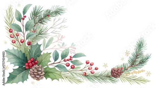 Christmas corner arrangement with pine branches, holly, and berries