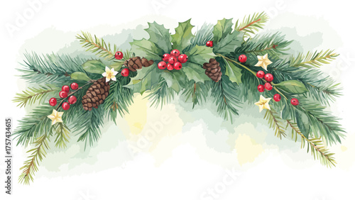 Watercolor Christmas Garland with Pine Needles Holly and Pinecones