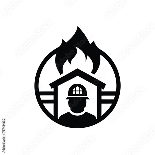 Firefighter in burning house logo with flames and protective helmet