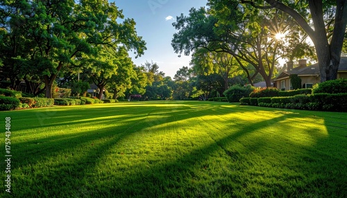 Lush Green Lawns and Majestic Oak Trees Bathed in Golden Hour Sunlight Creating Long Shadows Across a Suburban Estate Backyard