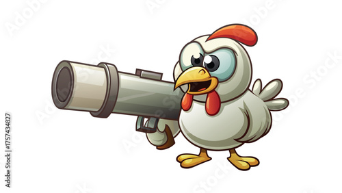 Chicken with Launcher: A bold cartoon chicken armed with a powerful launcher, creating a scene of unexpected defiance and humorous incongruity. 